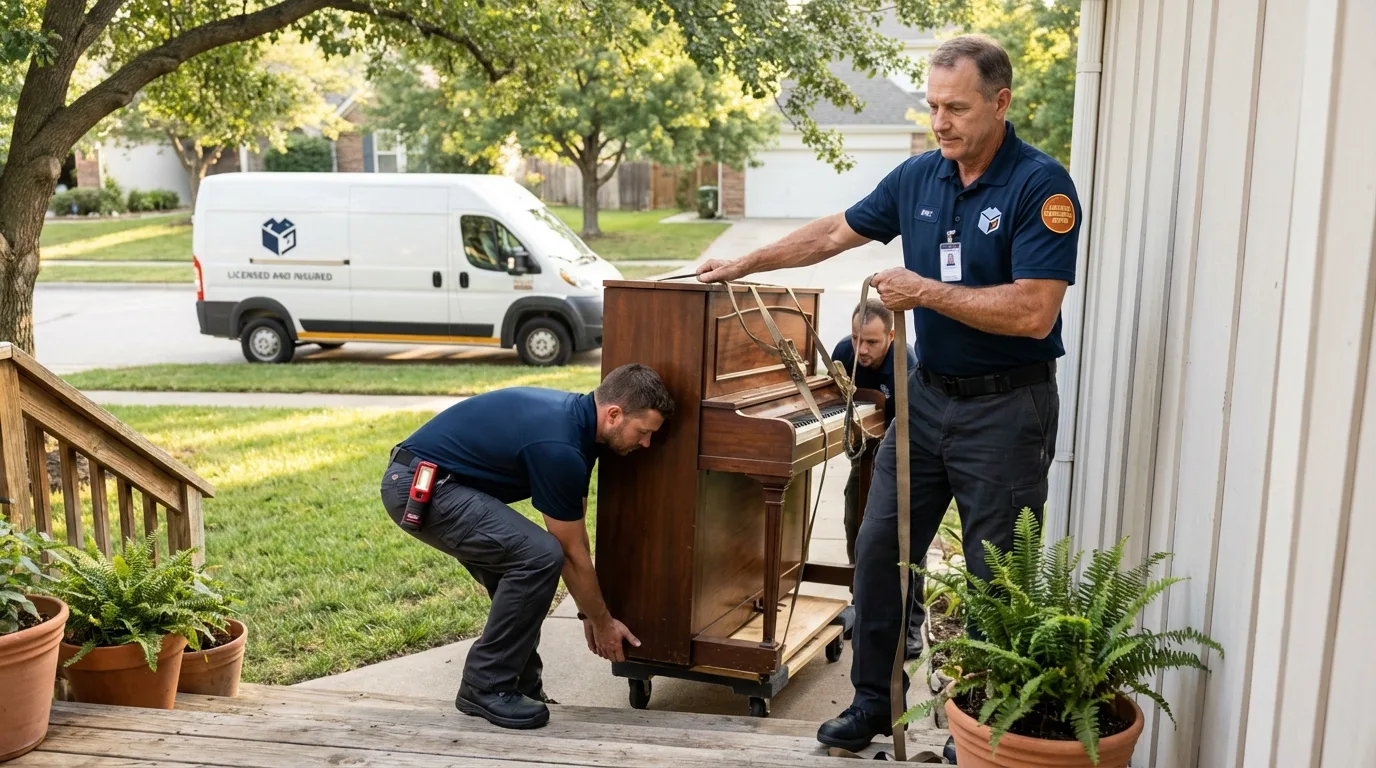 Licensed piano movers securing grand piano in Gurabo, PR