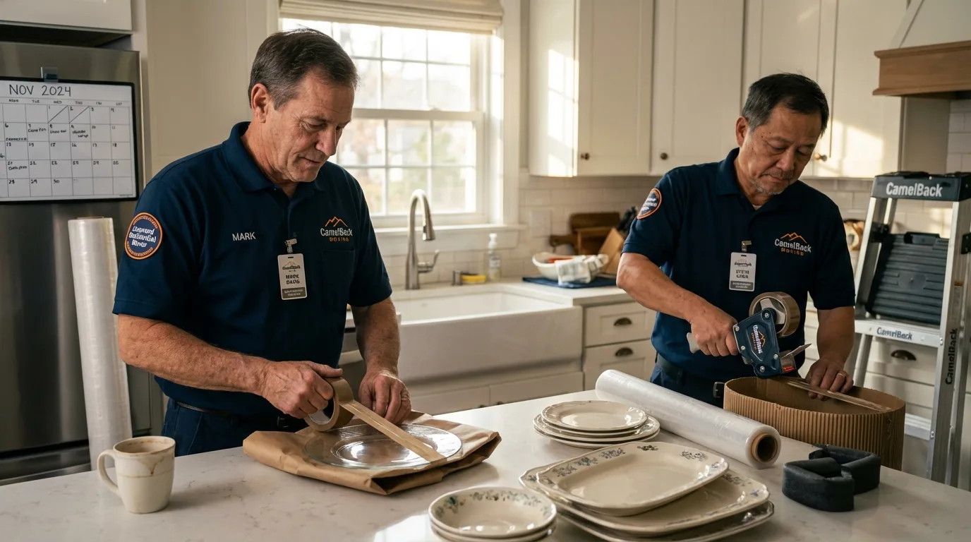 Professional crew packing kitchen dishware in Gurabo, PR